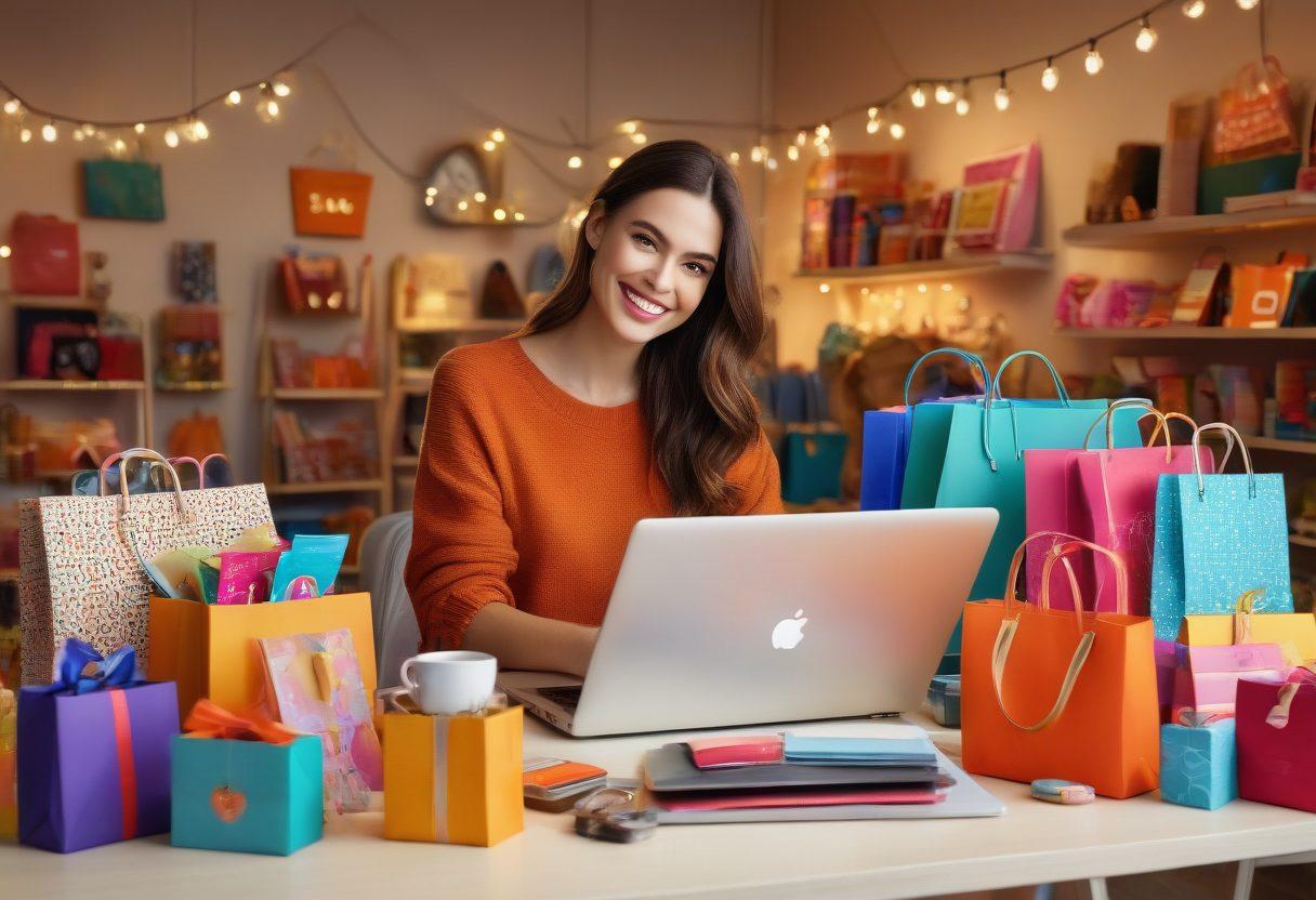 A cheerful shopper seated at a cozy desk, surrounded by packages and shopping tools, with a laptop displaying an appealing online store filled with colorful products. Soft glowing lights create a warm atmosphere, while hints of excitement and joy are depicted through bright expressions and playful elements like floating shopping icons. Add a splash of vibrant colors for a lively feel. super-realistic. vibrant colors.