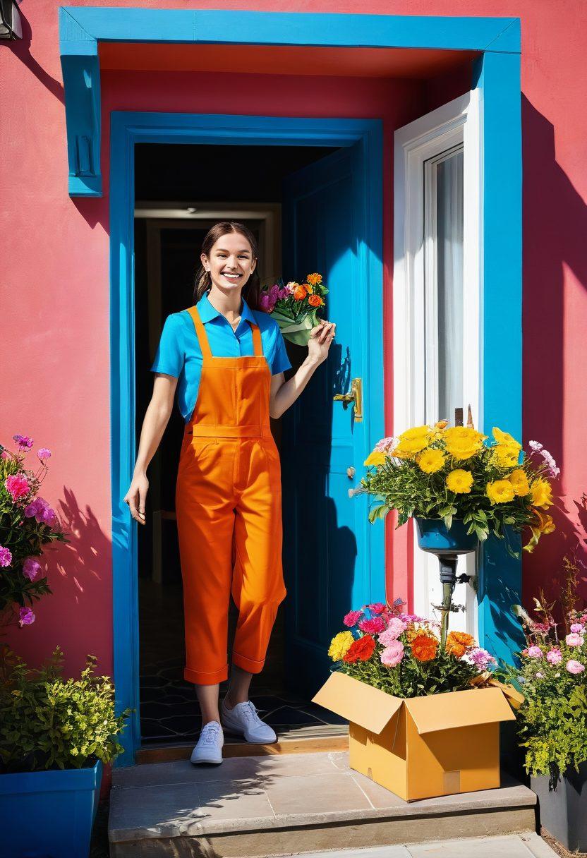 A cheerful scene depicting a delivery person smiling while handing over a brightly-packaged box to a happy customer at their doorstep. The setting includes a colorful home with blooming flowers and a sunny sky in the background, symbolizing joy and satisfaction in transactions. Use bright and inviting colors to evoke happiness and trust. super-realistic. vibrant colors.