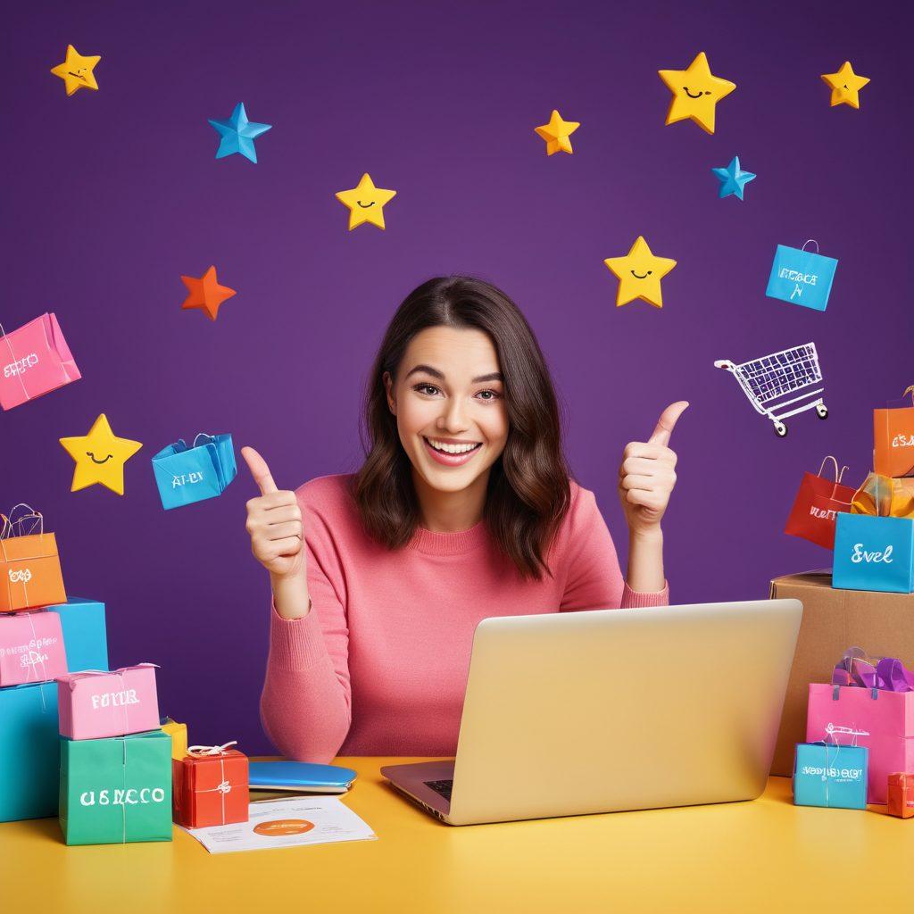 A cheerful online shopper with a laptop, surrounded by colorful shopping icons like carts, stars, and thumbs up. The scene is bright and inviting, depicting packages being delivered with happy faces. Illustrate a digital checklist with key strategies such as 'Easy Returns' and 'Customer Support'. Capture an atmosphere of satisfaction and trust. vibrant colors. 3D style.